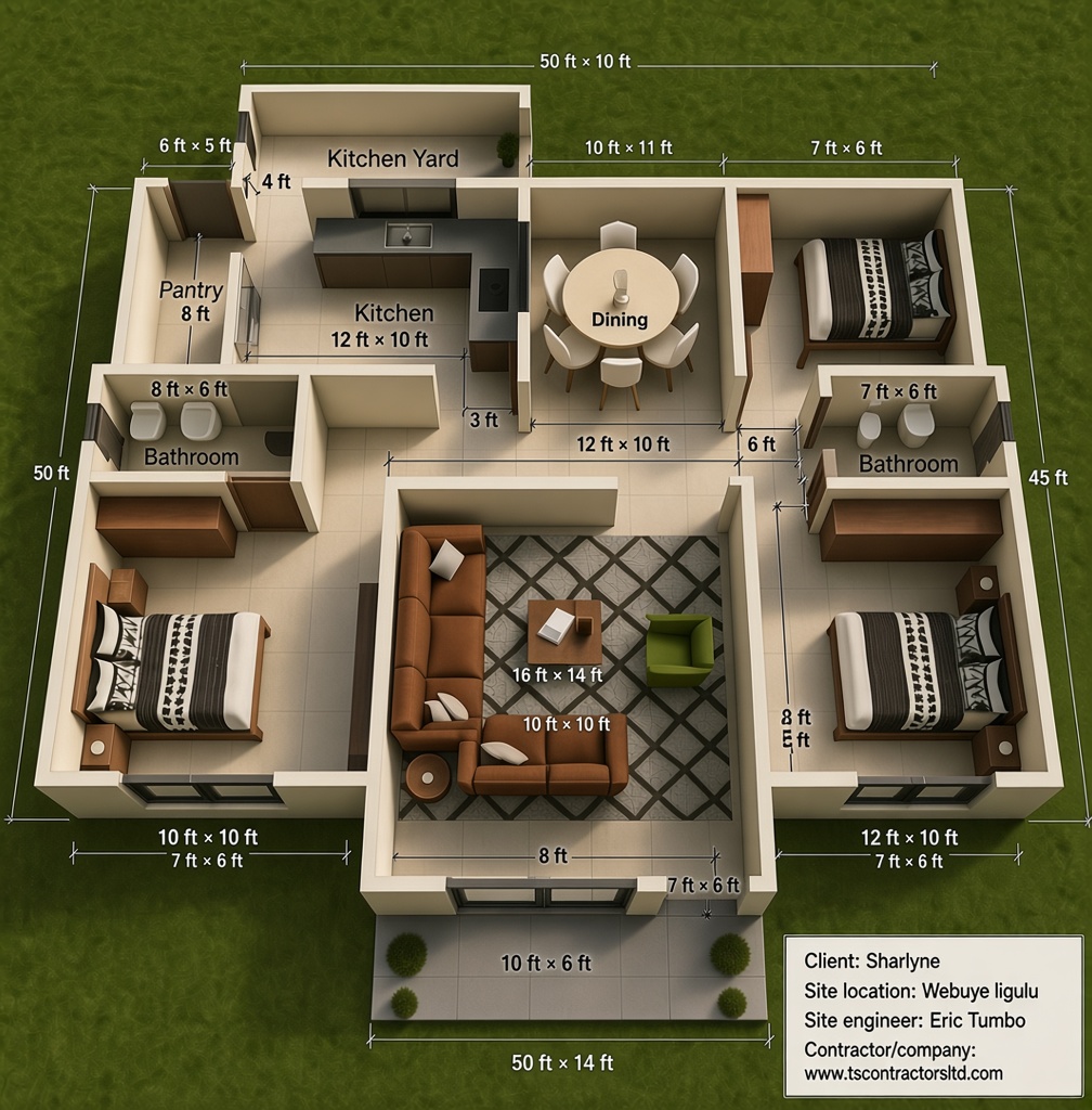 3 BEDROOM BUNGALOW HIPPED ROOF DESIGN LUGULU WEBUYE 