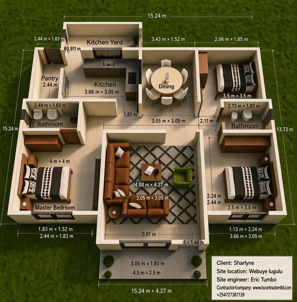 3 BEDROOM BUNGALOW HIPPED ROOF DESIGN LUGULU WEBUYE 